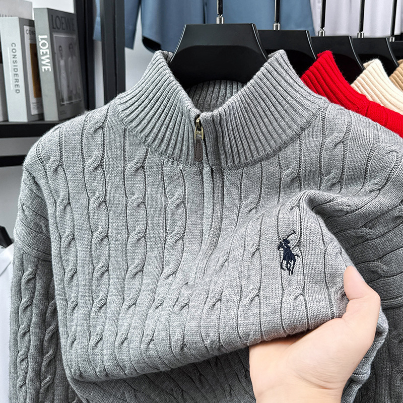 Paul Old Money Style Thickened Warm Sweater for Men with Embroidered Horse Logo, Long Sleeve Half-Zip Stand Collar Knit Sweater for Men