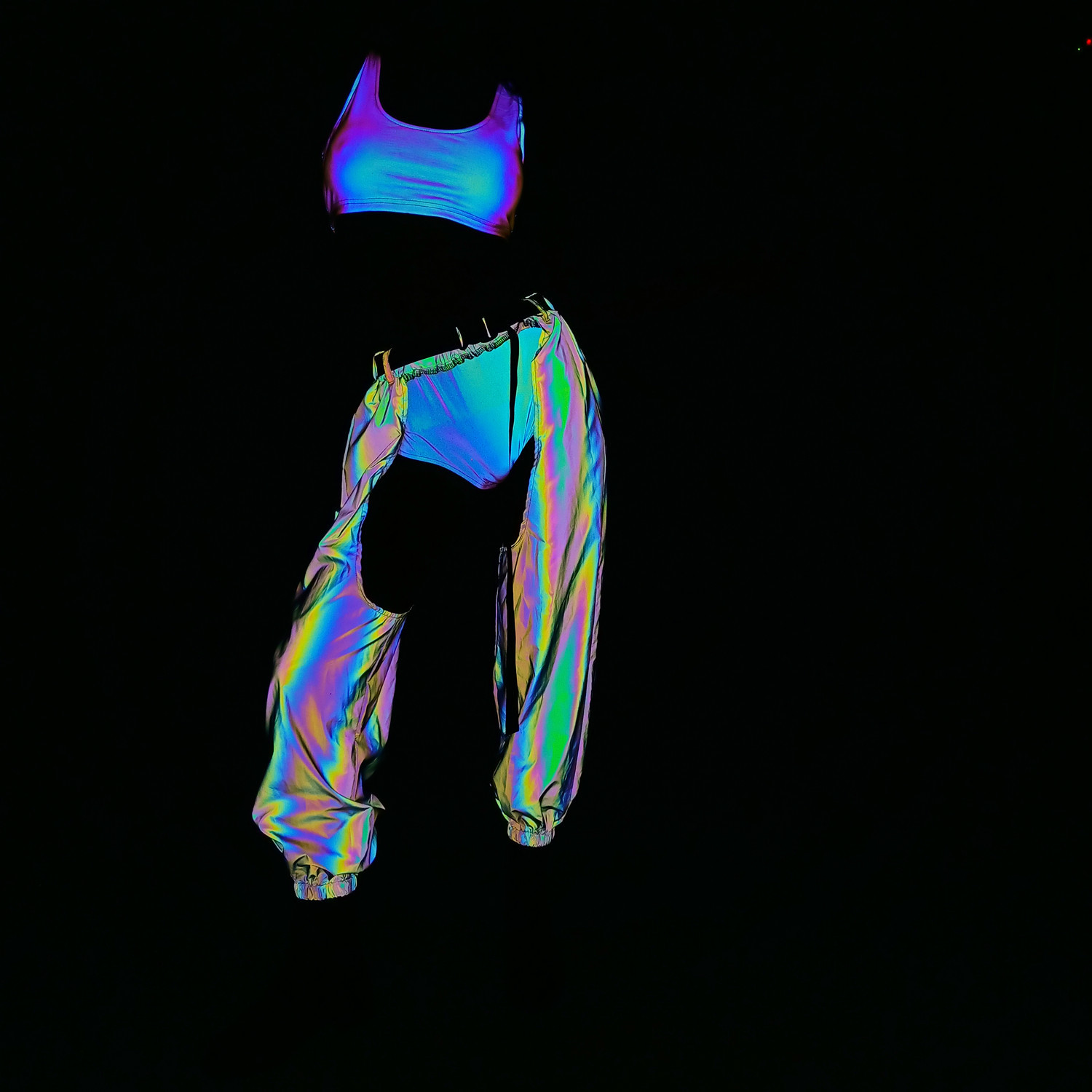 Cross-Border Fashion Sexy Open Crotch Colorful Reflective Pants for Women European and American Ins Hip-Hop Trendy Laser Workwear Casual Pants