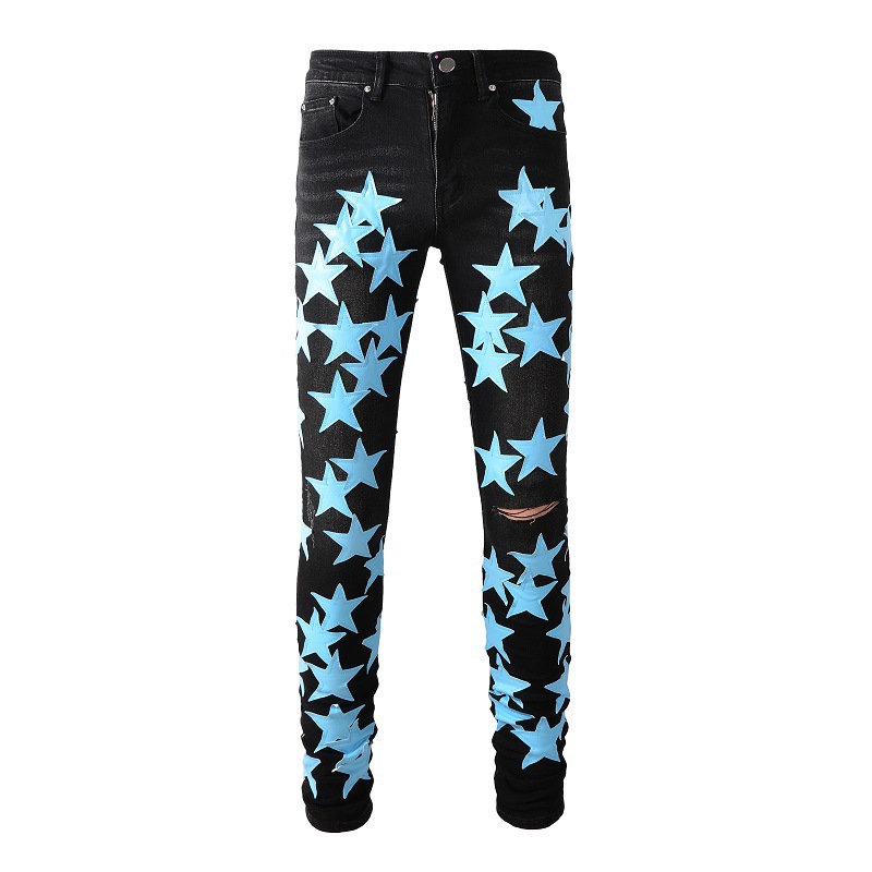American Ripped Pants with Leather Green Stars, Trendyy High-Tech High Street Men's Jeans, Men's Slim Pants 853