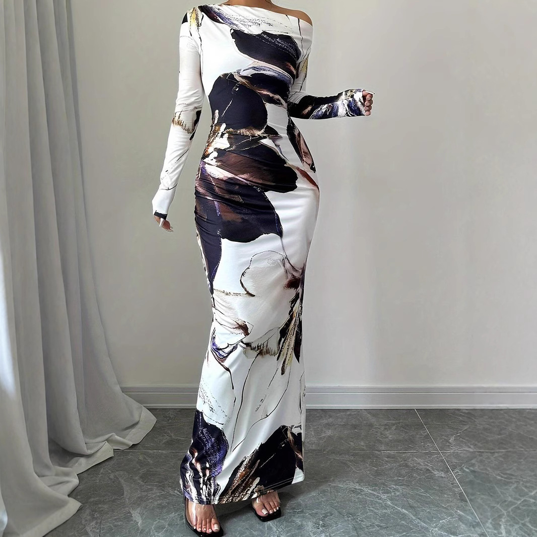 2025 Spring & Fall New Cross-Border European and American Off-Shoulder Elegant Slim Long Skirt Flower Print Slanted Shoulder Hip Dress