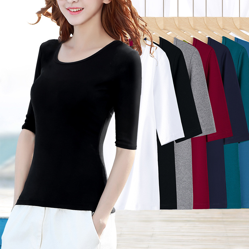 White Cotton Half-sleeved Women's T-shirt Round Neck Mid-sleeved Black Top Women's Seven-sleeved 2024 New Spring and Summer Women's Clothing