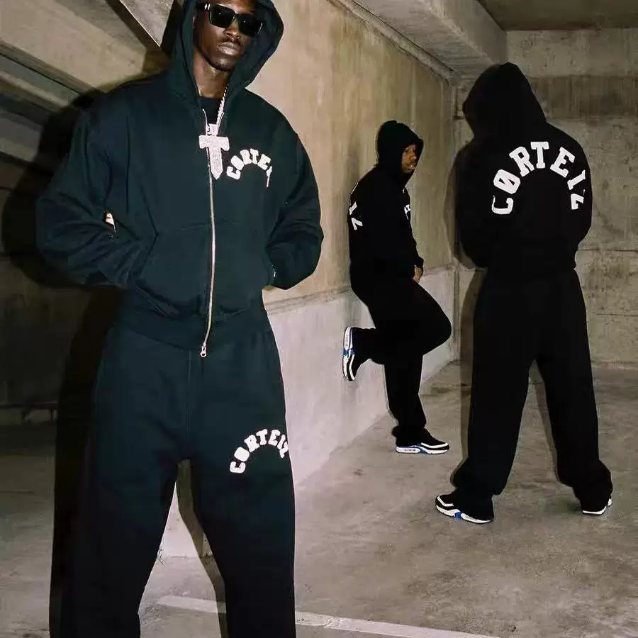 Corteiz Vibe British hip hop Embroider letter Zipper Cardigan Hooded Sweatshirt Male Outwear Tide Sports Set
