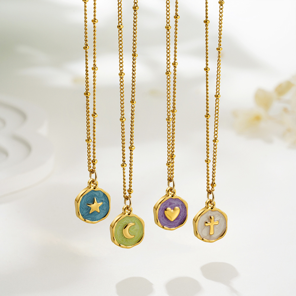 Europe and the United States cross-border 18K gold color oil drop simple tag necklace cross love star moon stainless steel pendant