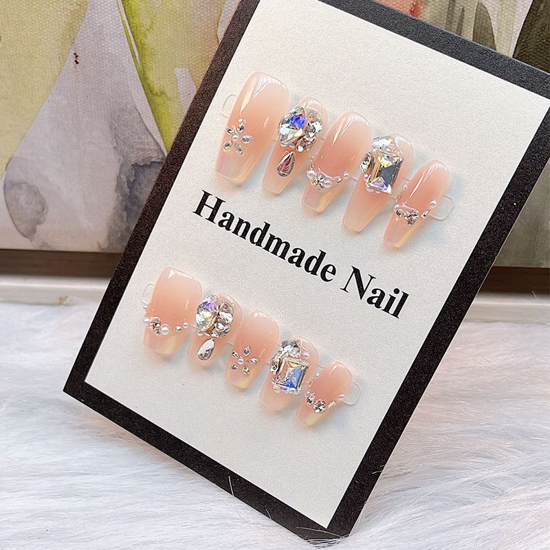 Linlanggefu Pure Handmade Manicure Removal Wearable Nail Whitening Zircon K9 High-End Ten Nail Pieces Finished Product Wholesale
