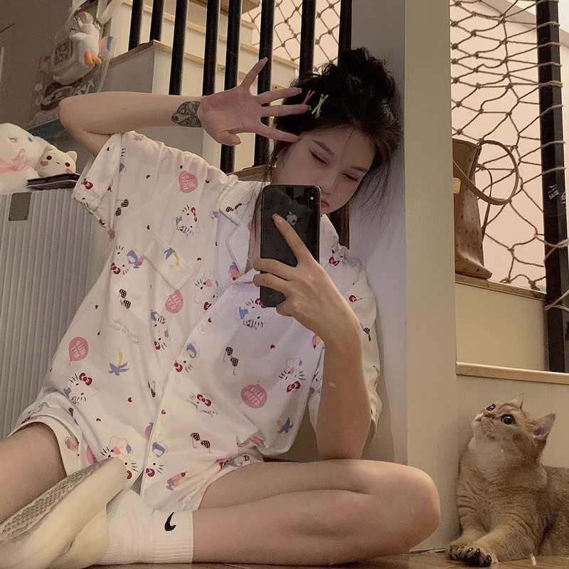 Wholesale Hello Kitty Japanese Style Pajamas for Women Summer Cute Cartoon Pure Cotton Home Clothes Age-Reducing Short-Sleeved Girly Suit