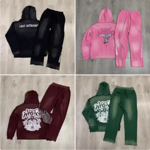 Lost intricacy retro hot diamond letters high street washed holes hooded jacket suit casual pants tide