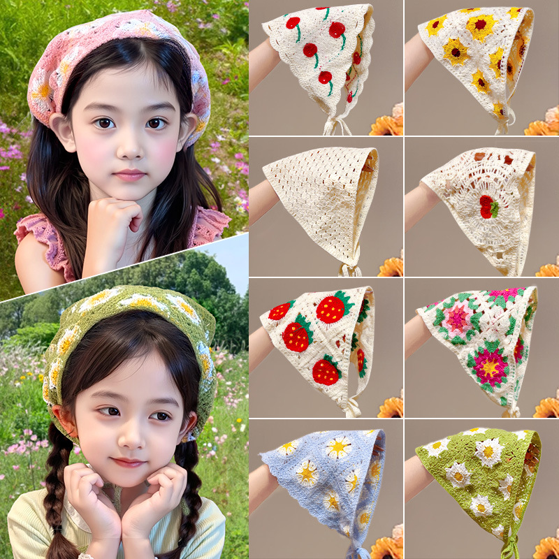 French-Style Ins Cherry Triangle Scarf Women's Headwear Headscarf Women's Pastoral Dopamine Knitted Crochet Flower Headband Spicy Girl French Style