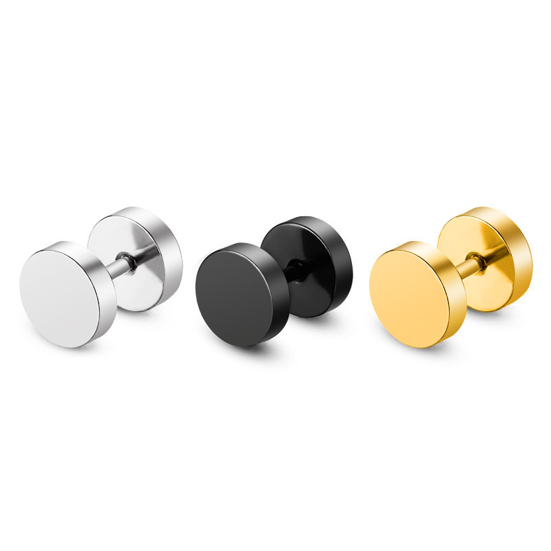 European and American Hot-Selling Simple Fashion Personality Trend Titanium Steel Barbell Earrings Men and Women Round Cake Manufacturer Cross-Border Wholesale