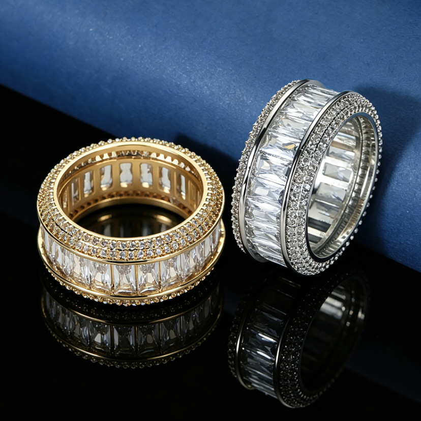 Cross-Border Hot-Selling European and American Copper Zirconia Full Diamond Hip-Hop Cubic Zirconia Ring, Simple Men's Ring Wholesale