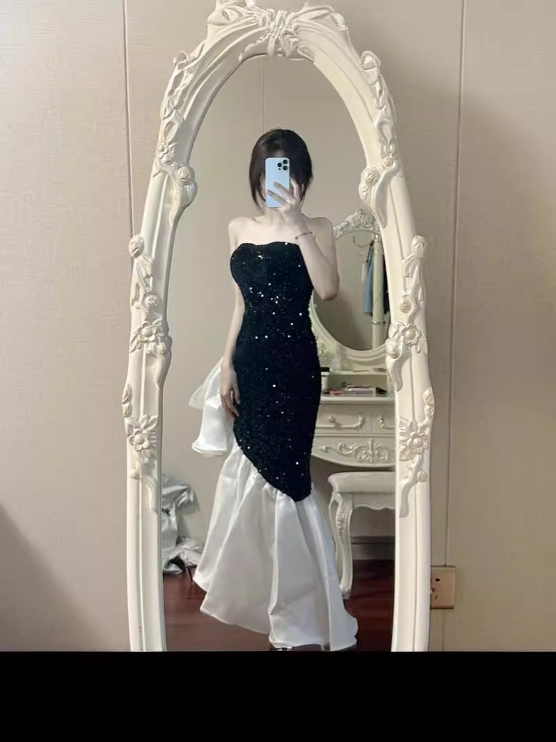 Pure Lust Style Fairy One-shoulder Tube Top Black Dress with Elegant Waist Slimming Look Asymmetrical Dress Skirt