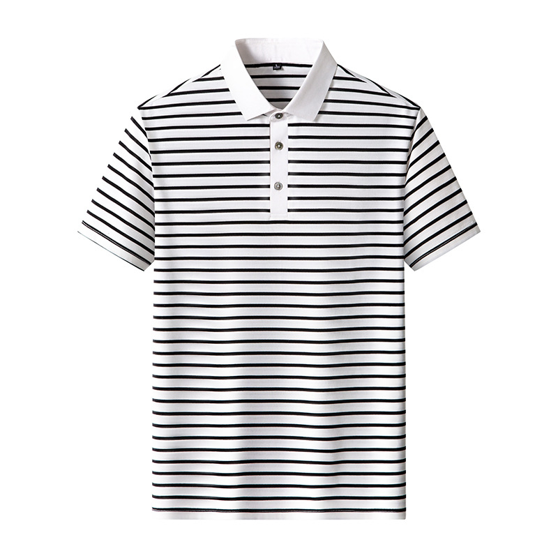 Summer New Style Mulberry Silk Linen Striped Short-Sleeved Men's Business Casual Polo Shirt with Lapel and Half-Sleeve T-Shirt