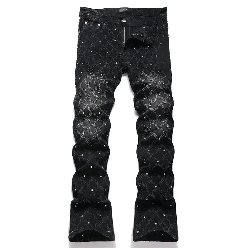 Men Straight Flared Jeans Men's Black Plaid Beaded Straight-Leg Slim-Fit Flared Jeans