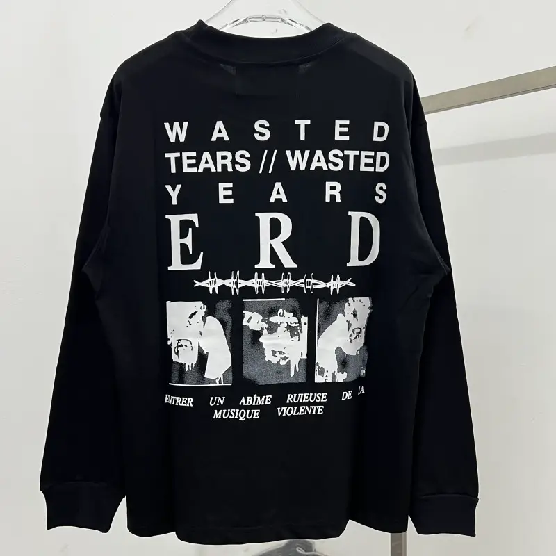 Erd melancholy rich second-generation printed round neck long T-shirt for men and women with off shoulder hem, a pair of loose pullover long sleeved T-shirts