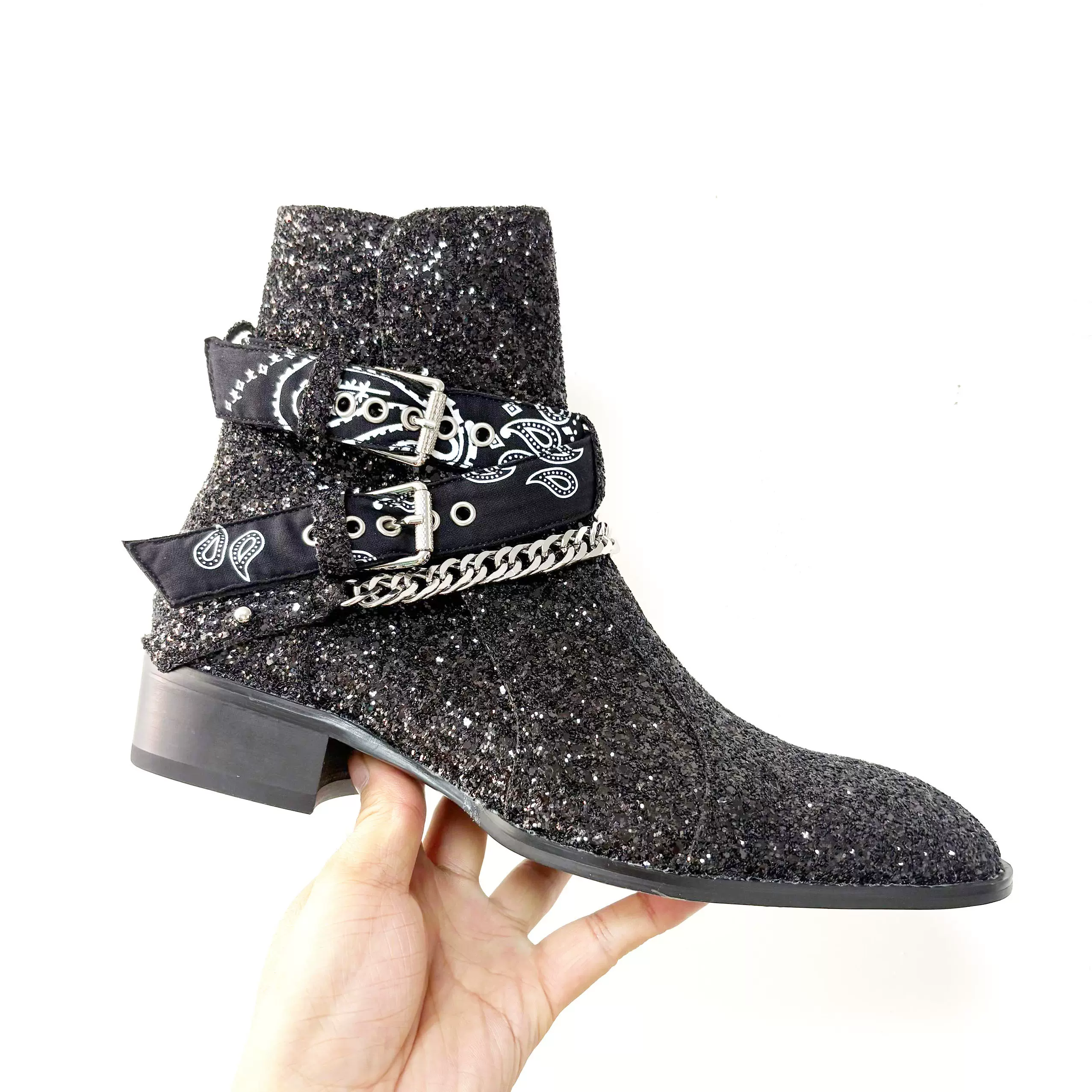 Roland's Chelsea boots men's short boots Martin boots men's metal sequin chain buckle pointed boots