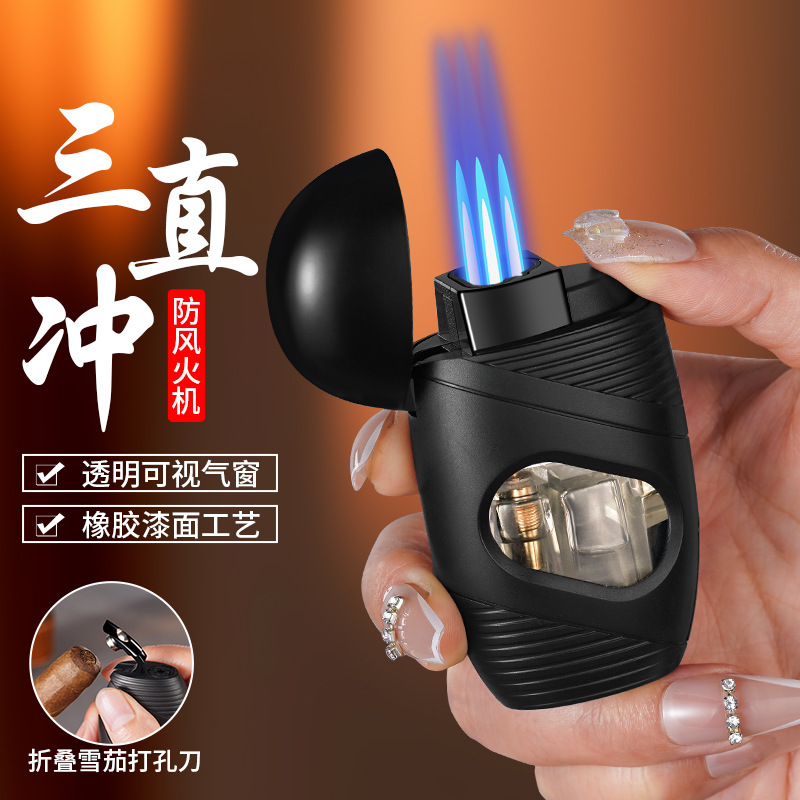 Transparent Visible Skylight Cigar Three-Fire Straight-In Lighter, Strong Windproof, Multi-Functional with Cigar Cutter, Cross-Border New Style