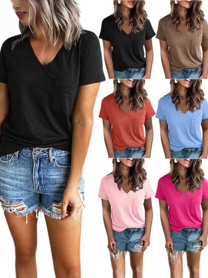 2025 Europe and the United States cross-border spring and summer new ladies fashion pocket V-neck split shoulder short sleeve top T-shirt women's clothing