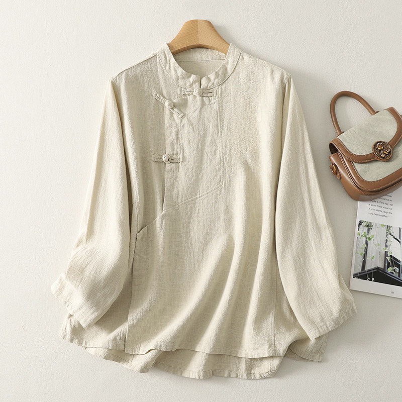 New Chinese-Style Zen-Inspired Linen Long-Sleeve Shirt for Women, Early Autumn Style, National Style with Front Placket and Button Closure, Mid-Length Cotton-Linen Jacket Top