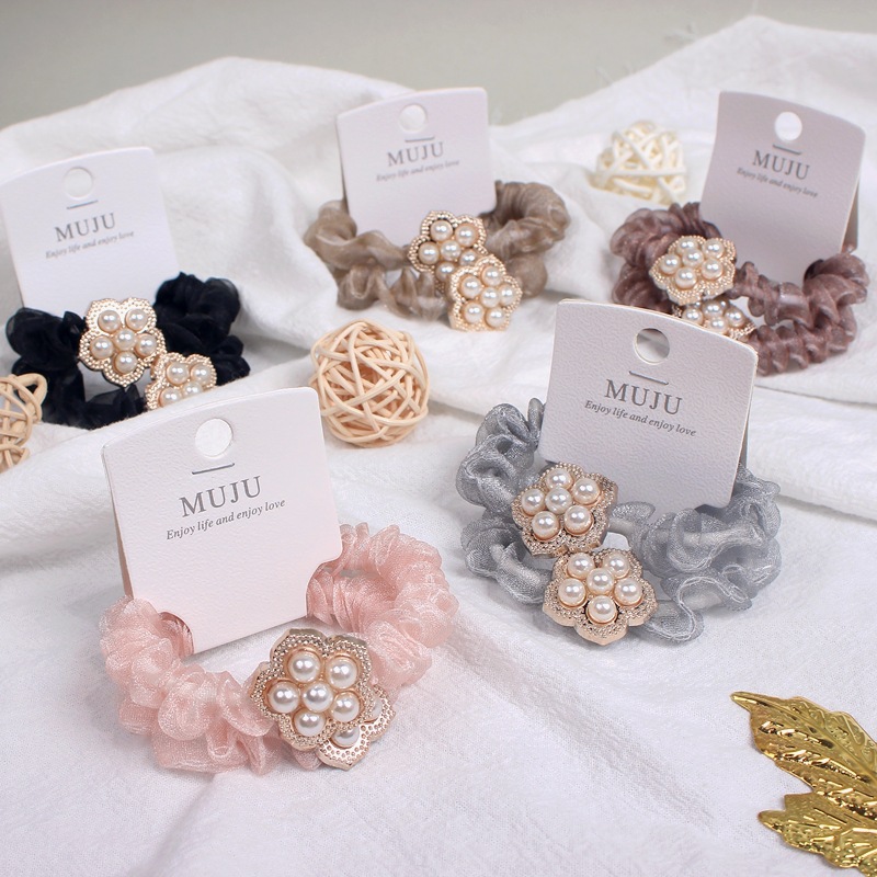 Light Luxury Style Pearl Flower Hair Rope, Exquisite 2 Card-Mounted Rubber Bands, Simple Mesh Small Intestine Hair Ring Leather Case, Korean Style Headband
