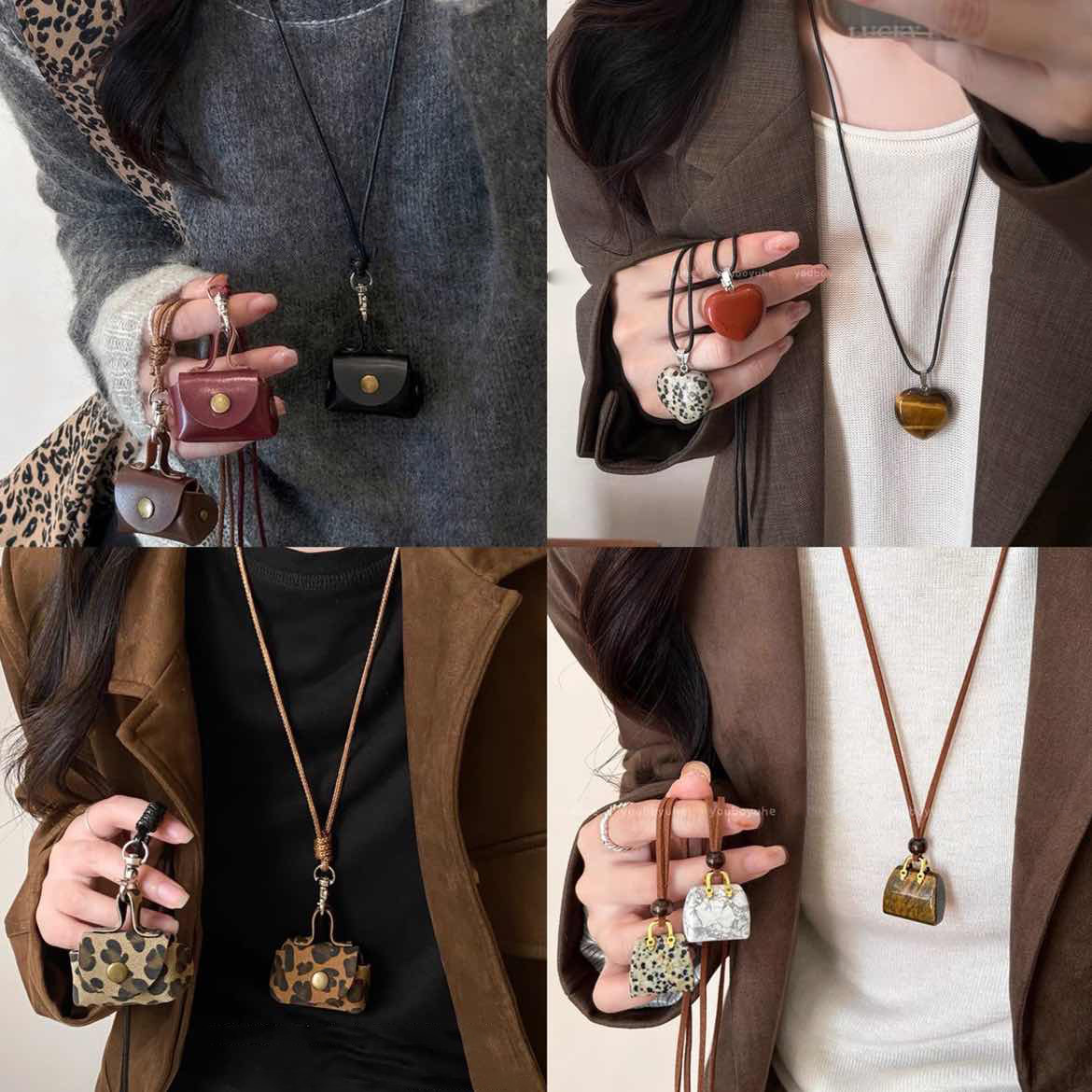 Leather leopard brown bag love necklace vintage Maillard sweater chain autumn and winter high-end sense necklace wholesale women