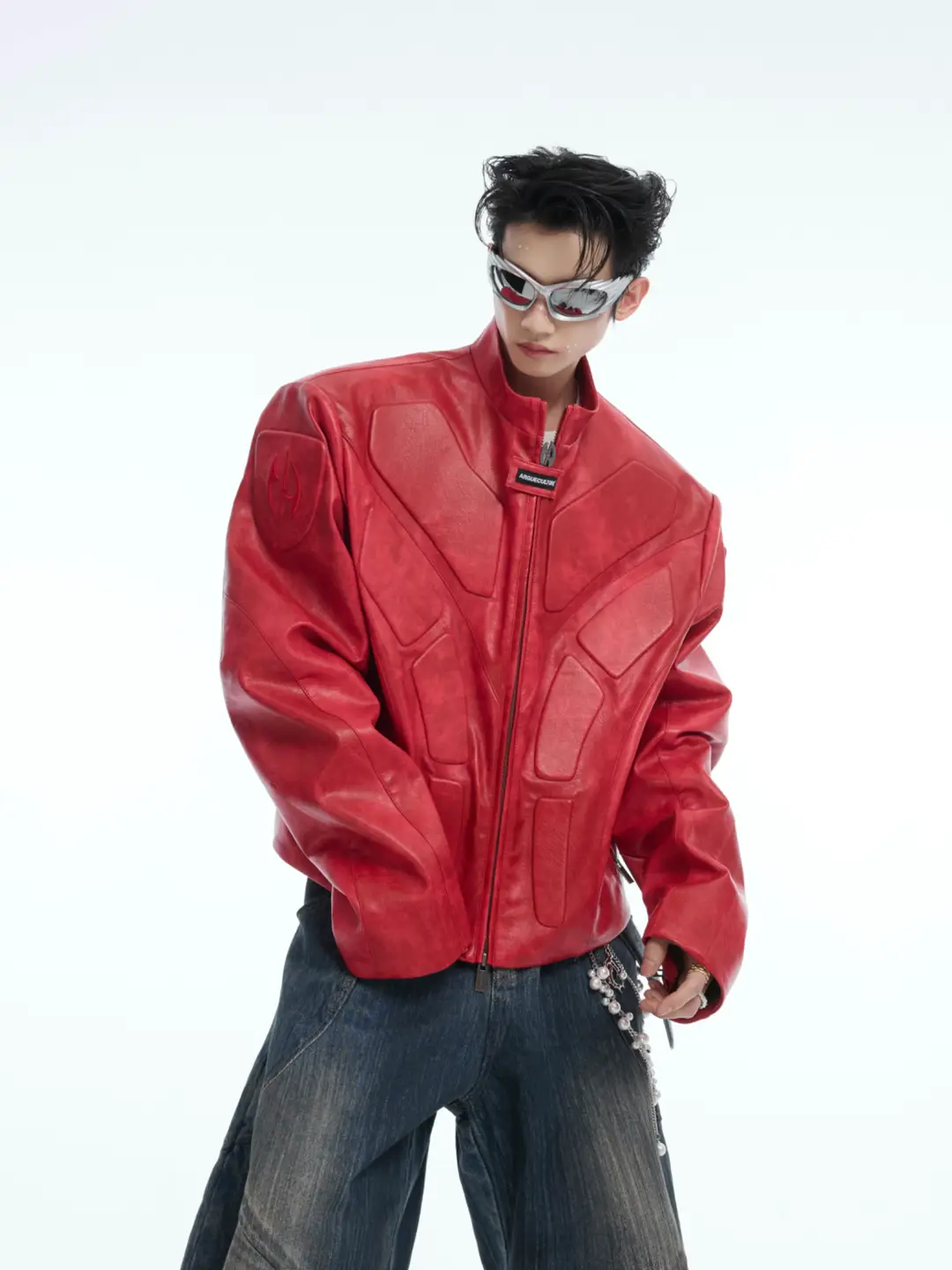 Argue Culture Niche Stereo Relief Deconstruct Stand Collar Silhouette jacket Outwear Motorcycle Armor Leather Jacket for Men