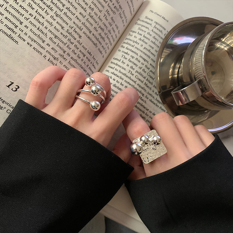 Korean Style Niche New Line Ball Ring for Women, Retro Fashion Square Cross Open Ring, Hip-Hop Index Finger Ring