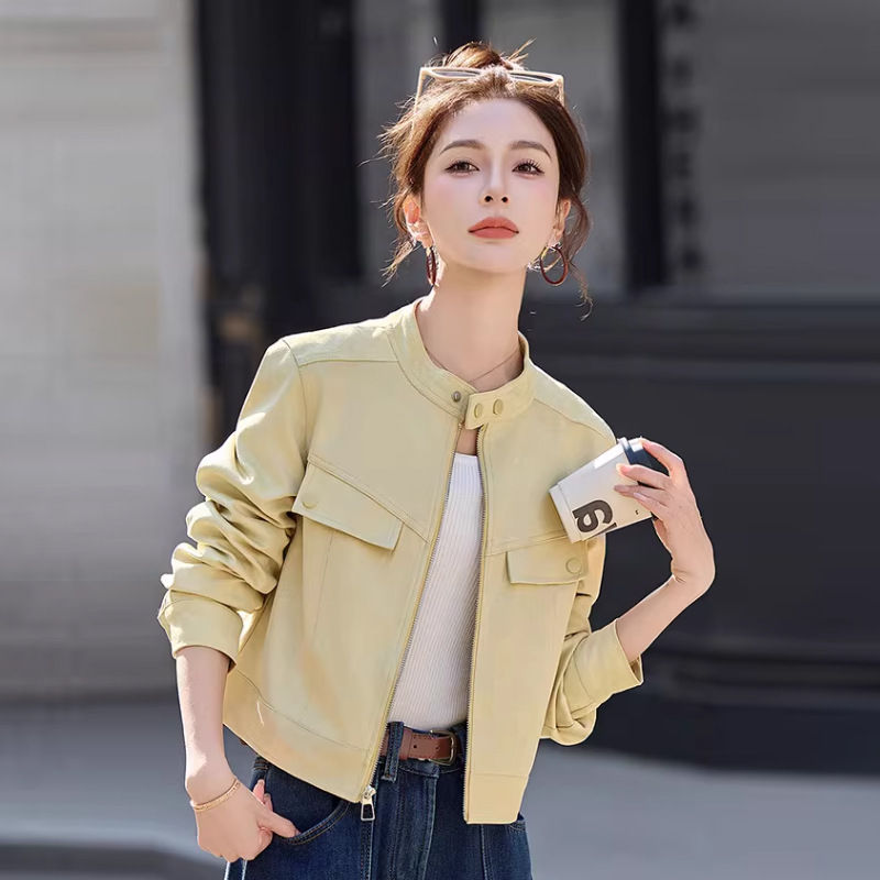 Light Blue Super Stylish Suede Short Jacket for Women, Spring and Autumn Korean Style, Super Stylish Sweet Cool Age-Reducing Biker Jacket