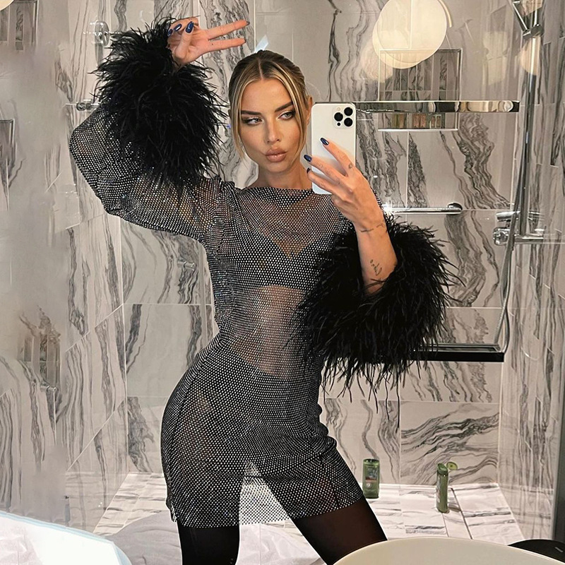 European and American Fashion Cross-Border Summer Hot-Selling Women's Clothing Nightclub Furry Glitter Mesh See-Through Sexy Dress Women Wholesale
