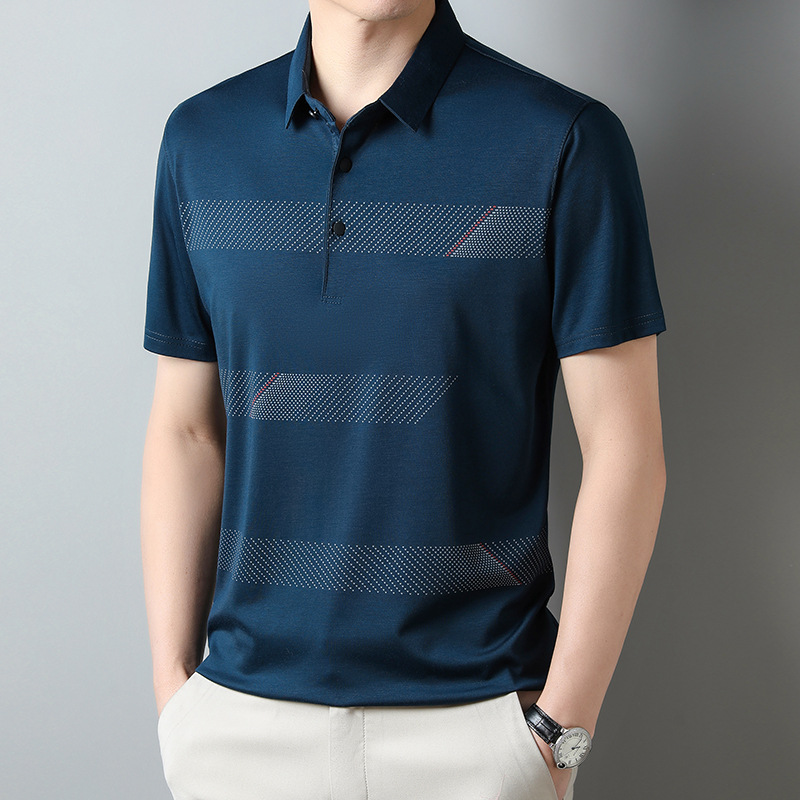 Summer New Polo Short-Sleeved T-Shirt, No-Iron Middle-Aged Men's Stripesd Mercerized Cotton T-Shirt, Casual Thin Men's Clothing