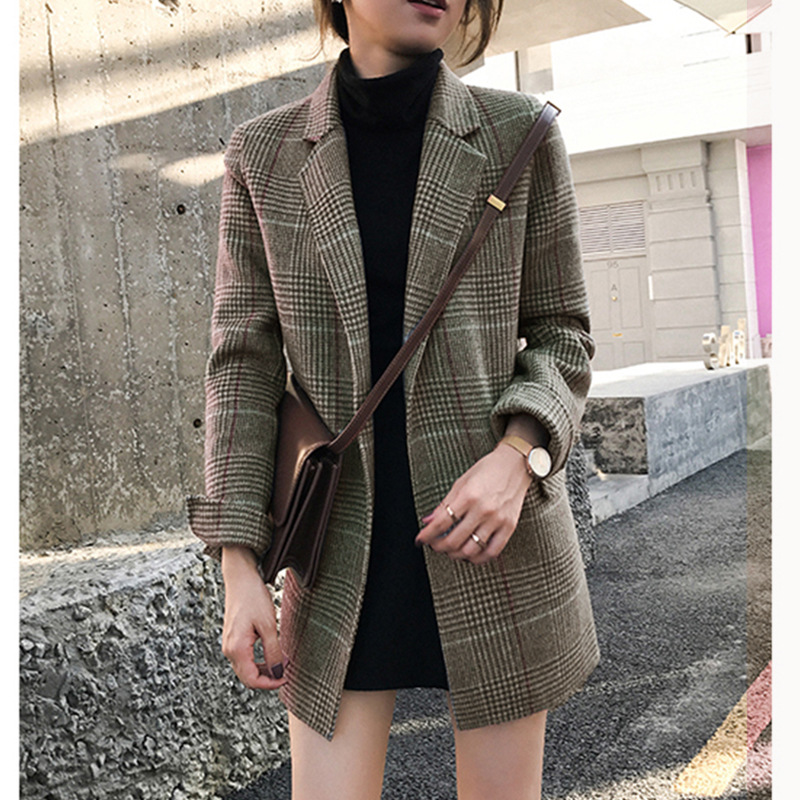 Plaid Suit Chic Retro Loose Mid-Length 2026 Autumn and Winter New Woolen Plaid Small Suit Jacket for Women