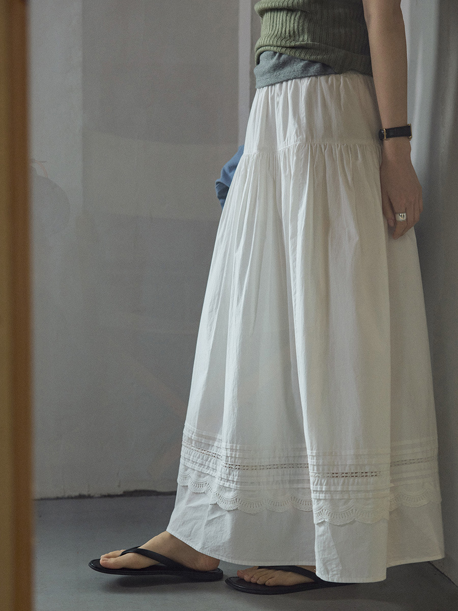 Timeless White Waltz Ruffled Lace Elastic Waist Skirt 2026 Spring New Style Skirt 80167