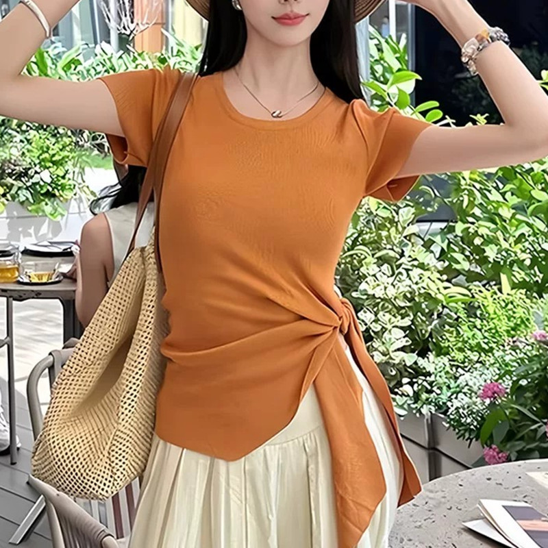 2026 New Summer Niche Design Tie-Waist Top with Irregular Fashion Knitted Short-Sleeve T-Shirt for Women