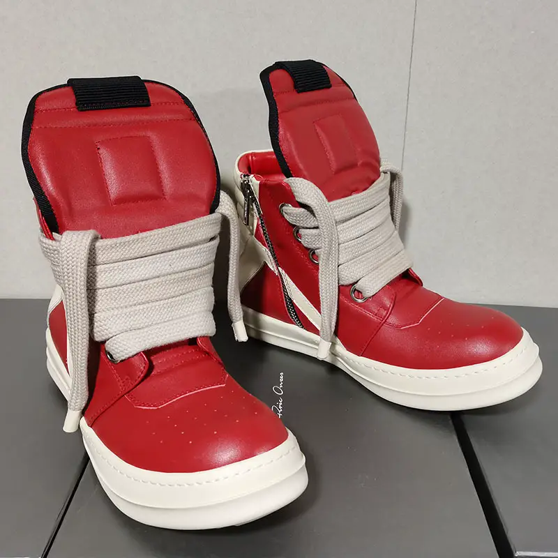 Ro High Top Large Inverted Triangle Red Yellow Cow Goatskin Wide Shoelaces Thick Sole Heightening Round Toe Men's Sneakers