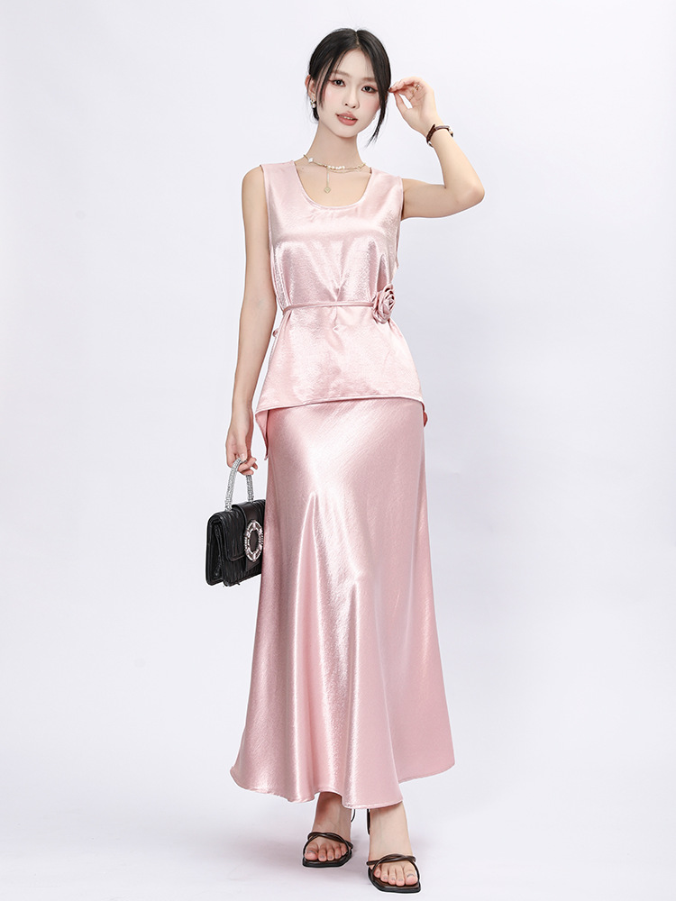 Feiyuan Elegant Satin Two-Piece Set for Women: Sleeveless Tie-Waist Top + Fishtail Long Skirt Set, Clearance Sale, Slimming Effect