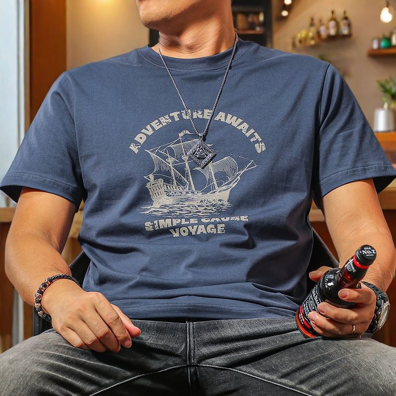 Light Luxury Quality】Men's Short-Sleeved T-Shirt 2026 New Hot-Selling Summer Style American Retro Sailboat Print Half-Sleeve 1