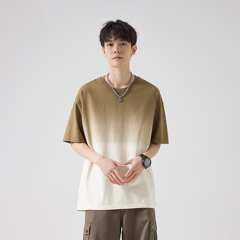 Men's cotton T-shirt 2024 new summer fashion brand loose gradient short sleeve American casual bottoming shirt versatile half sleeve