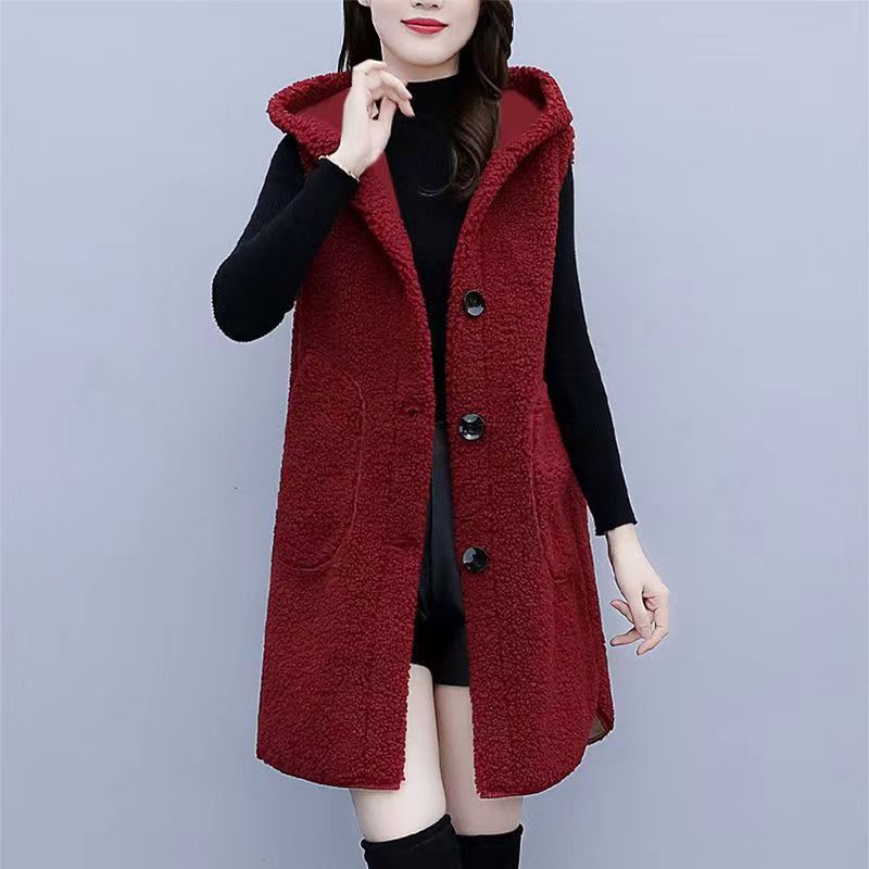 Lamb Fleece 2024 Vest Autumn and Winter Fashion Fan Long Coat plus size Chubby Sister Thickened Hooded Outer Fashion