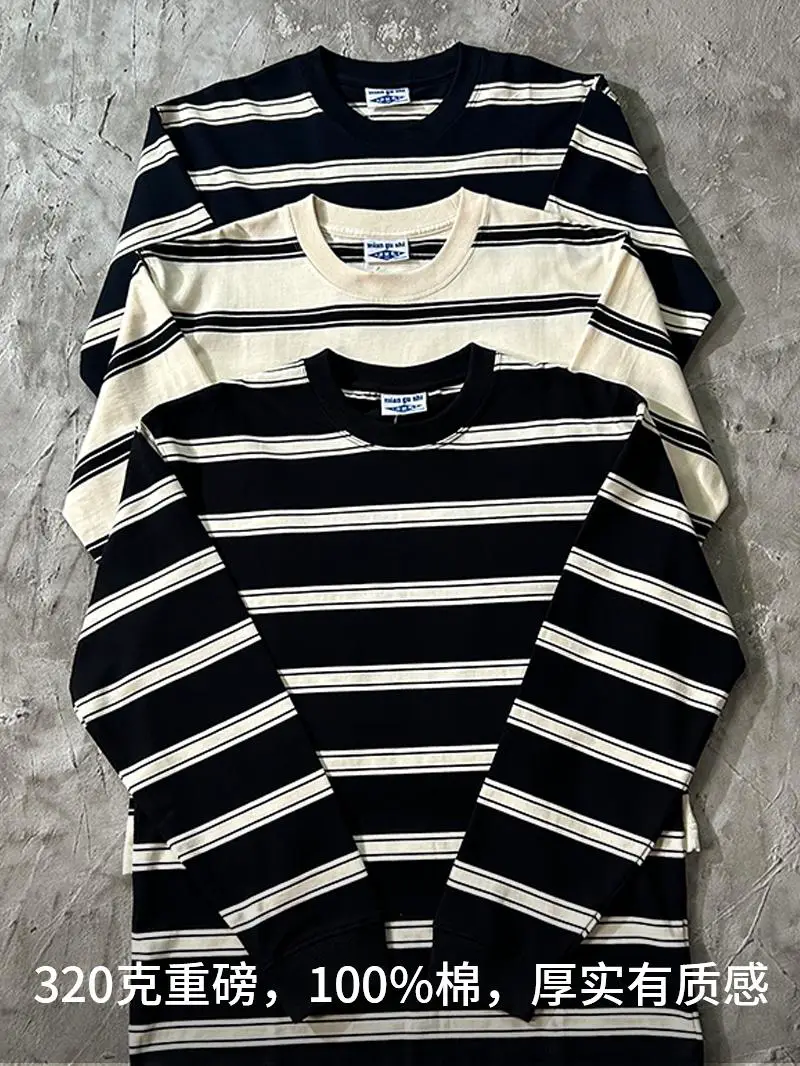 320g Heavyweight Vintage Pure Cotton Thick Striped Long-Sleeve T-Shirt for Men and Women, Sailor-Style Small Neckline, Round Neck, Black, White, and Blue Base Shirt