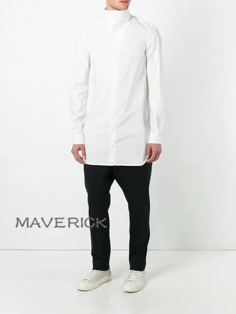 18 Spring/Summer Ro Style New Side-Slit High-Neck Shirt, Mid-Length Solid Color Stand-Up Collar Asymmetrical Shirt