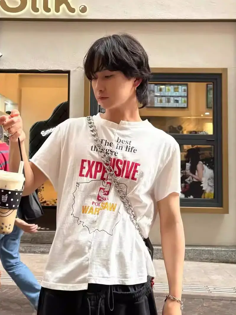 Project Gr by Grailz Asymmetric Misaligned Upper and Lower Splicing Printed Short-Sleeved Deconstructed Round Neck T-Shirt Korea