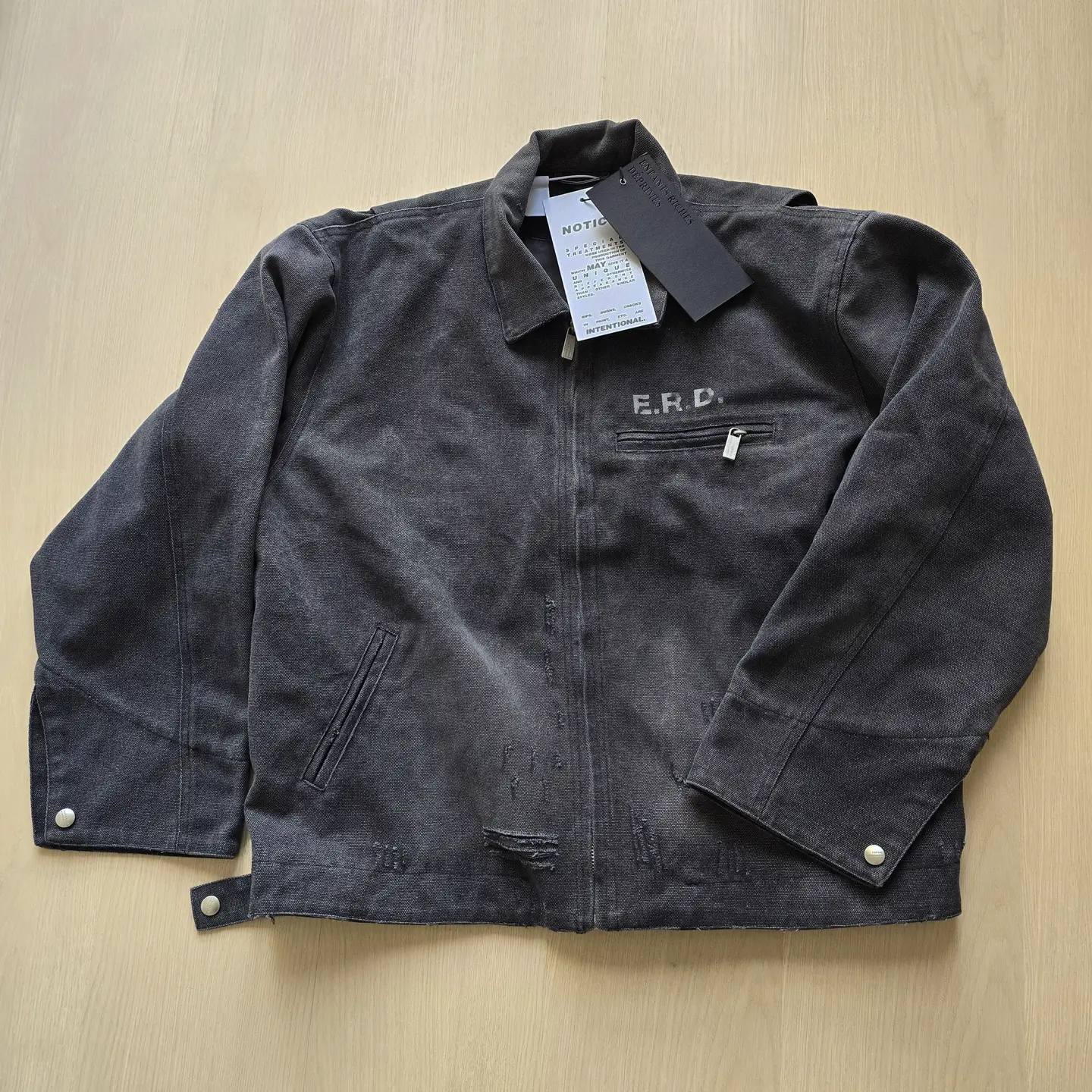 In-Stock Erd Melancholic Rich Kid Heavy Washed Distressed Ripped Zipper Denim Jacket with Lapel Vintage Jacket