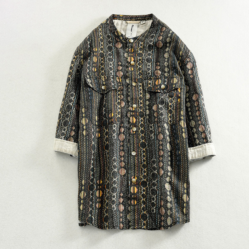 Printed men's fashion casual shirt large pocket 3/4 sleeve shirt one-piece delivery 3571