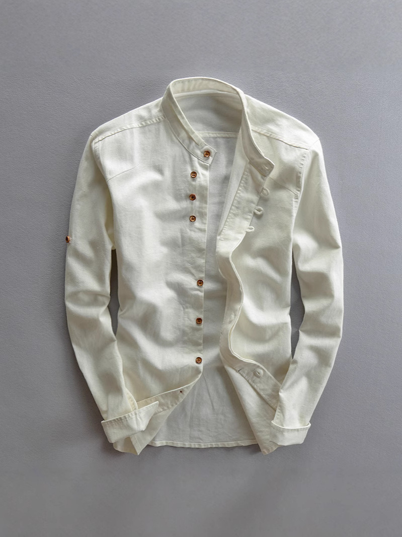 2025 Spring New Men's Casual Linen Shirt Gentleman Style Stand Collar Independent Wish Cotton and Linen Shirt