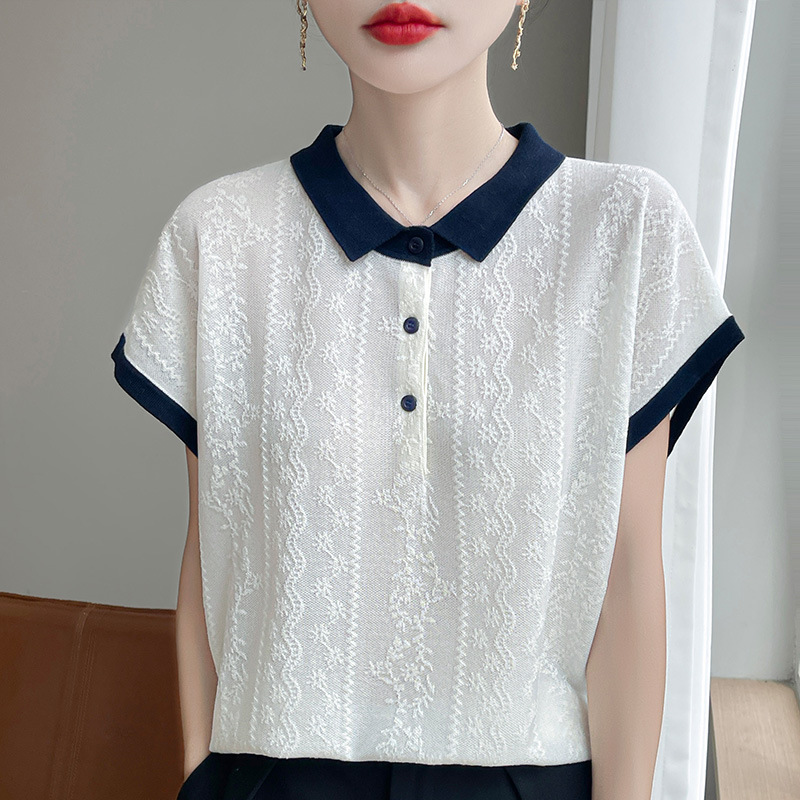 Contrast Color Polo Short-Sleeved T-Shirt Women's Worsted Knitted Small Flying Sleeves Summer Thin Loose Slimming Look Women's Tops New