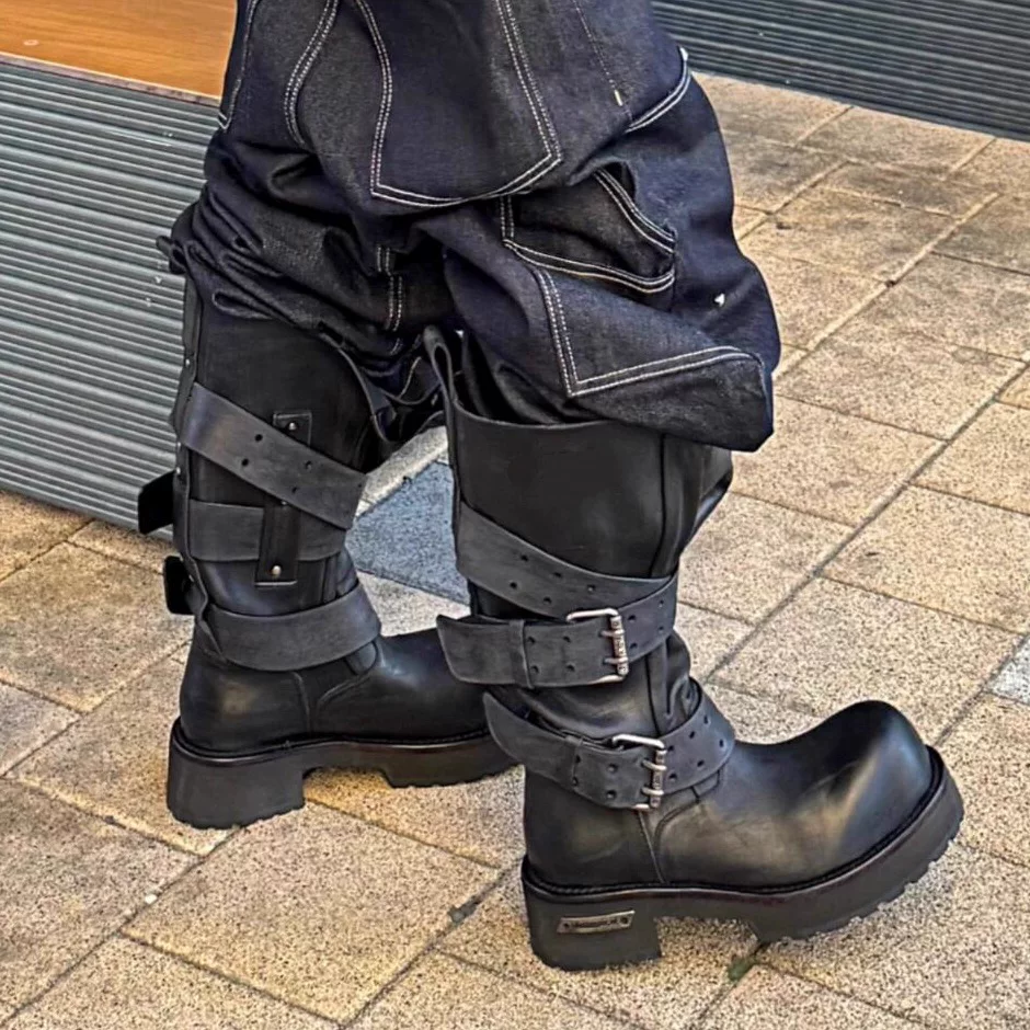 Dark style knight boots, men's and women's wrapped belt buckles, upturned motorcycle boots, retro Martin boots, midsole Venom combat boots