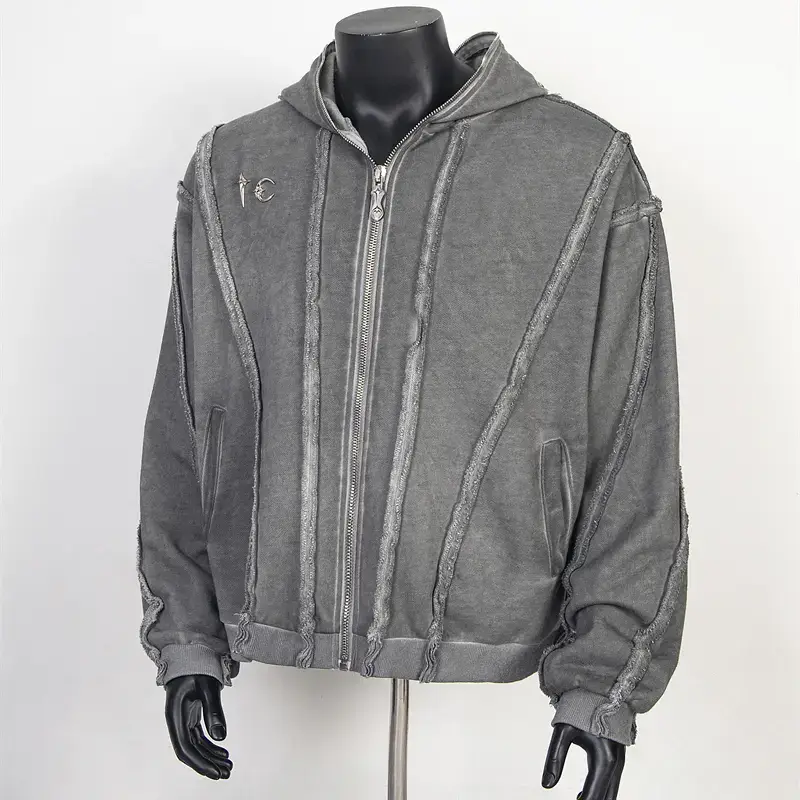 Thug Club Washed Metal Zipper Hooded Cardigan Outwear Patchwork Batik Heavy weight Ins Men and Women Trendy Tops