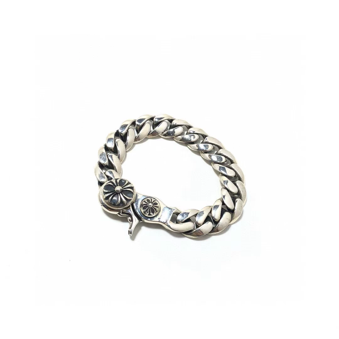 925 silver bracelet, vintage vintage men and women, thick striped bracelet, Cuban chain, lobster buckle, punk style, high-end and versatile