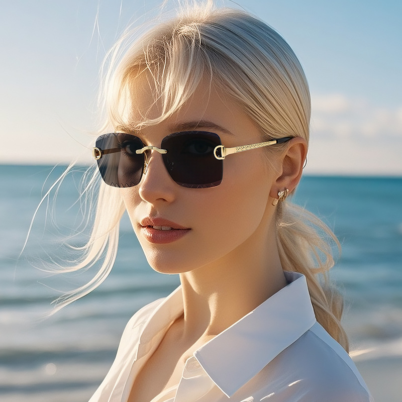 Cross-Border New Retro Metal Cut-Edge Sunglasses for Women, Trendy Anti-Uv Sunglasses, High-End European and American Rimless