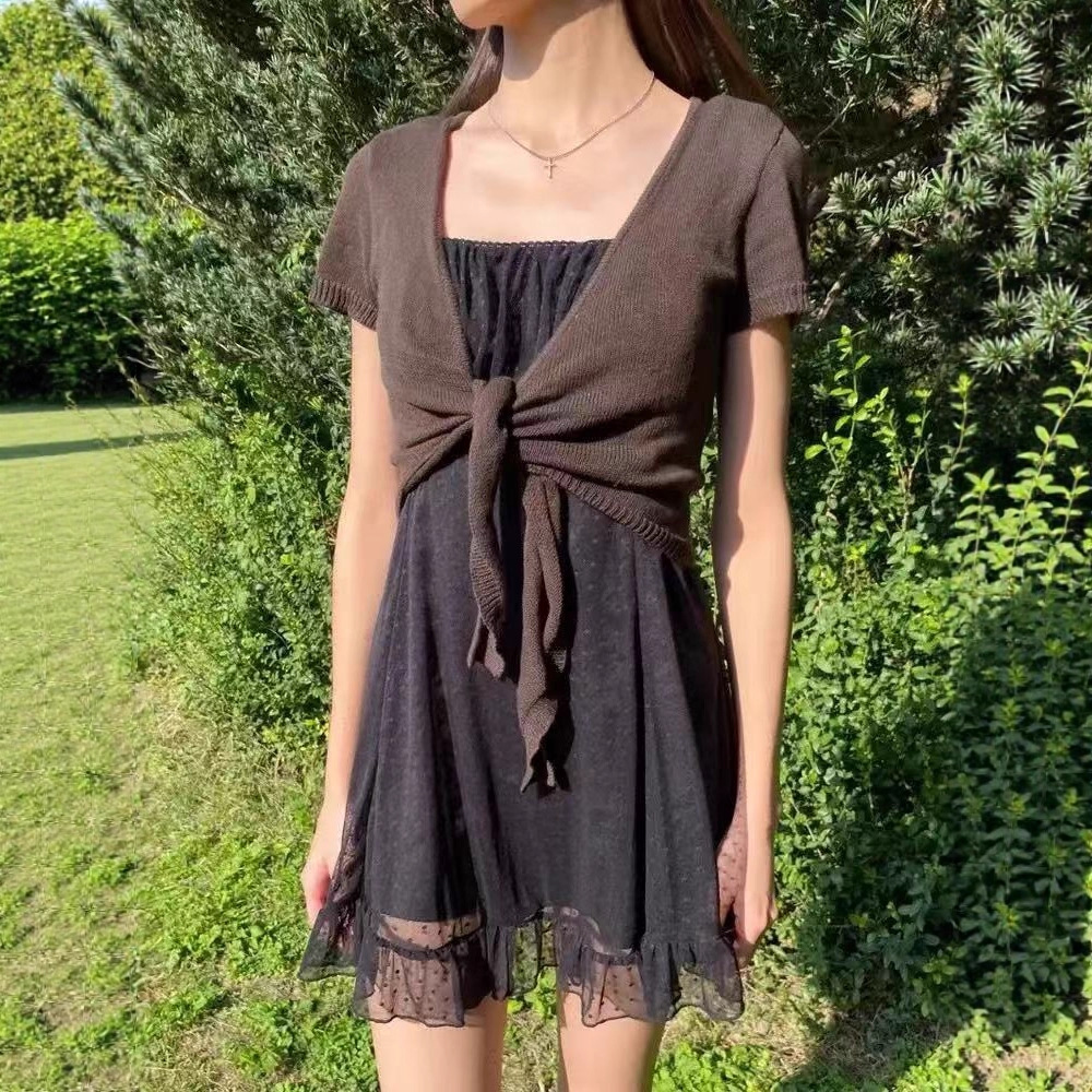 Bm Style New Deep Brown V-Neck Tie Short-Sleeve Knit Cardigan for Women, Bm Wrap-Style Versatile Cover-Up Outerwear Top