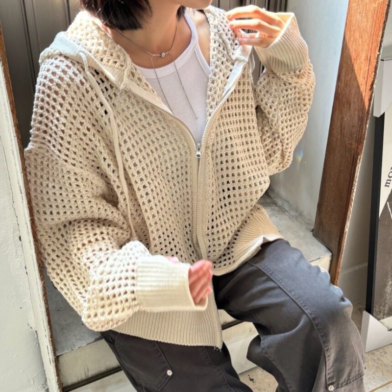 Hollow-Out Design Hooded Thin Jacket Korean Style Spring and Summer Lazy Sweatshirt Zip-Up Knit Cardigan Top for Women