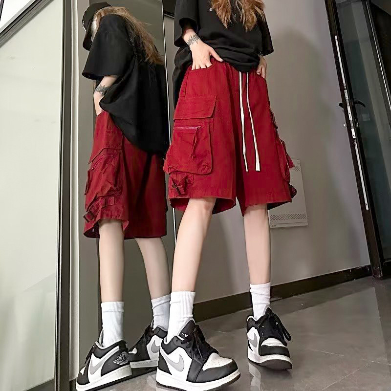HIPHOP American Style High Street wine red Tooling Shorts Men's Summer Casual Functional plus size Trendy Pants